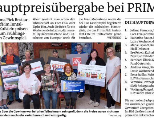 Endverlosung der Hauptgewinne vom PRIMA-Gewinnspiel 2025 im Prima Restaurant | Inntalcenter Kufstein