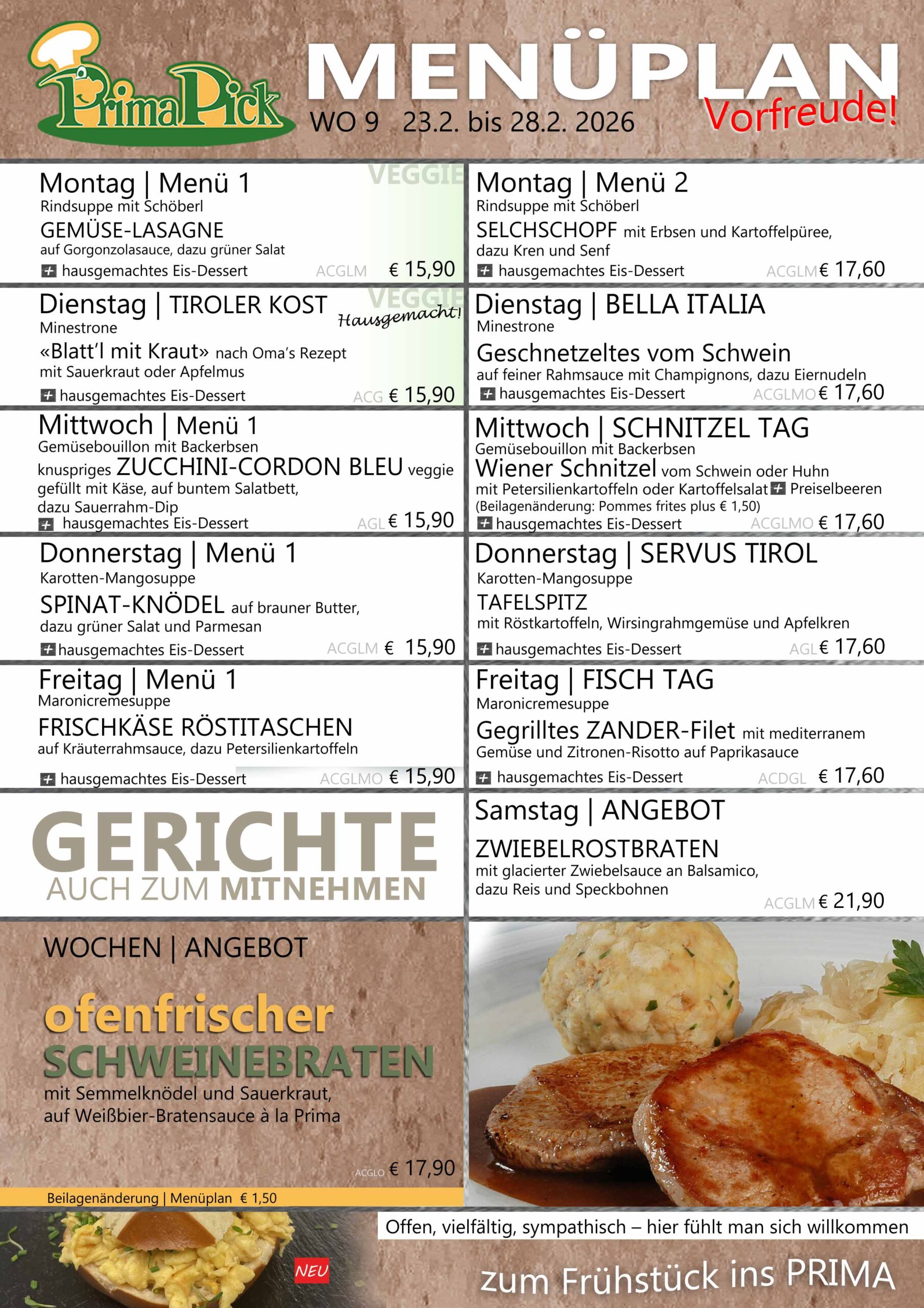 Wochenkarte Prima Restaurant